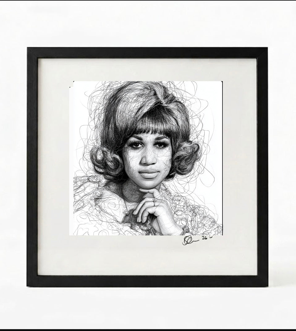 Aretha Franklin Black and White Portrait Print-Framed Music Wall Art