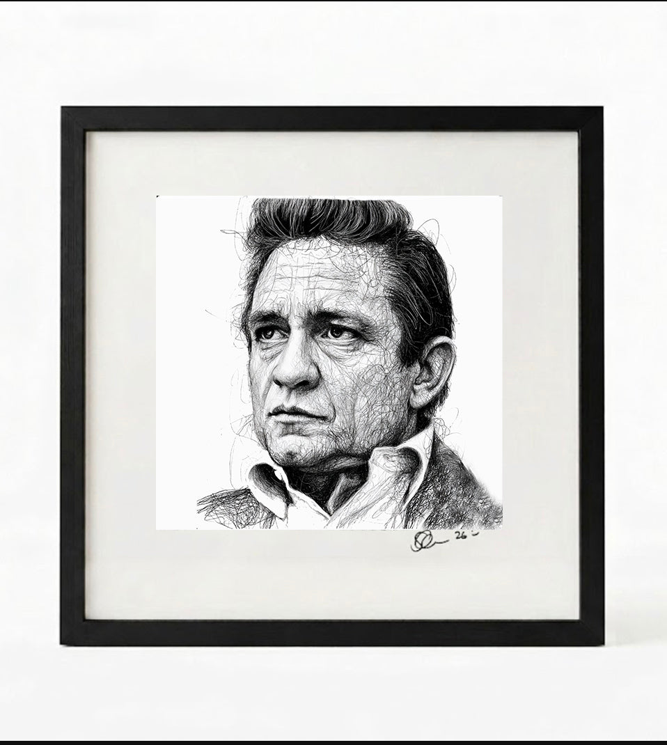Johnny Cash Black and White Portrait Print-Framed Music Wall Art